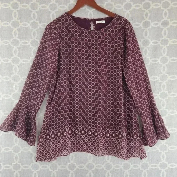 Max Studio Crew Neck‎ Bell Sleeve Geometric Print Chiffon S - Picture 1 of 10